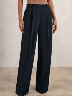 Marineblauw - Reiss Eden wijde broek van keperstof met elastische tailleband