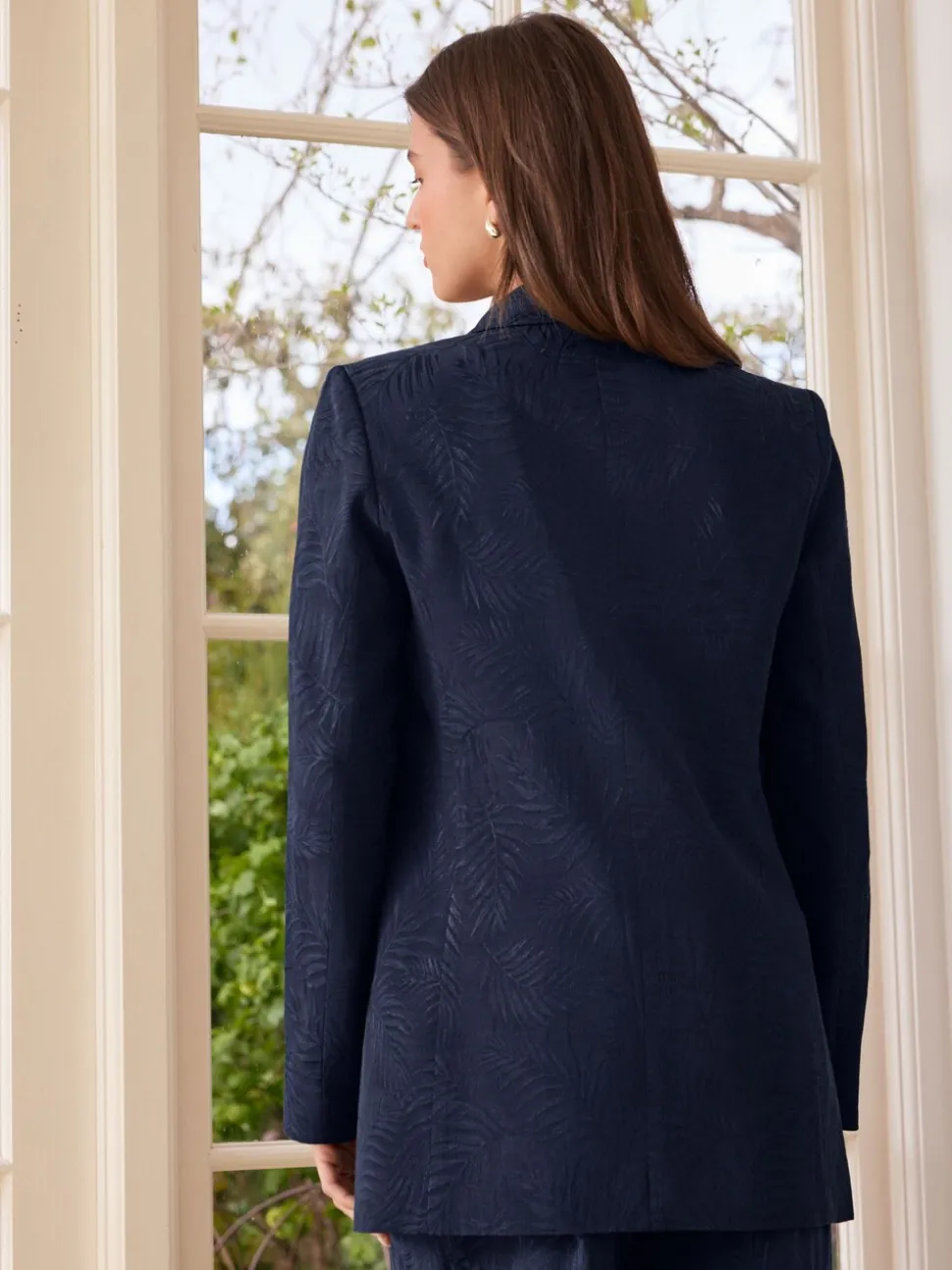 Marineblauw - Satin Jacquard Single Breasted Blazer