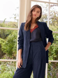 Marineblauw - Satin Jacquard Single Breasted Blazer