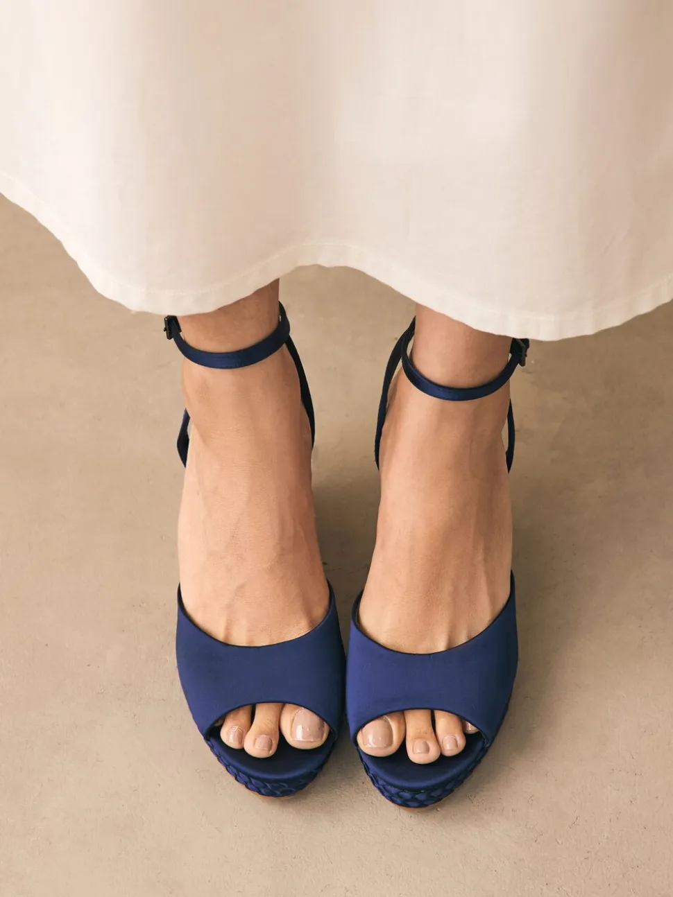 Marineblauw - Satin Plaited Wedge Heels