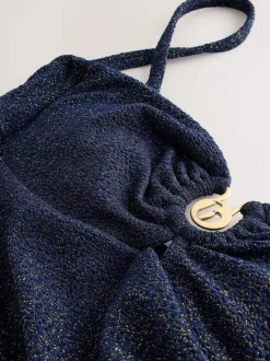 Marineblauw - Zwempak met buikcontrole en gestructureerde glitterbandeau