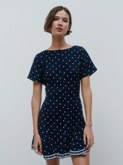 Marineblauw blauw gestippeld - Mini-jurk met strikceintuur