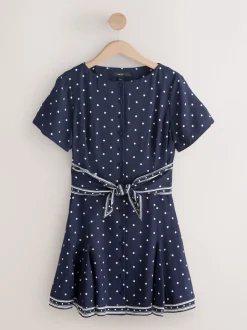 Marineblauw blauw gestippeld - Mini-jurk met strikceintuur