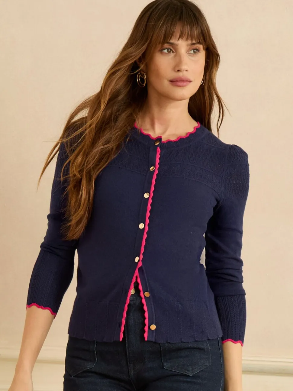 Marineblauw en roze geschulpt - Love & Roses gebreid vest