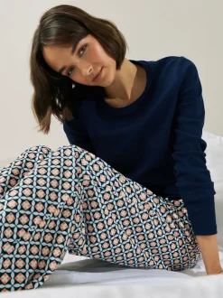 Marineblauw geo - Geribbelde pyjama met lange mouwen