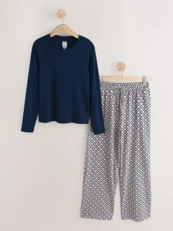 Marineblauw geo - Geribbelde pyjama met lange mouwen