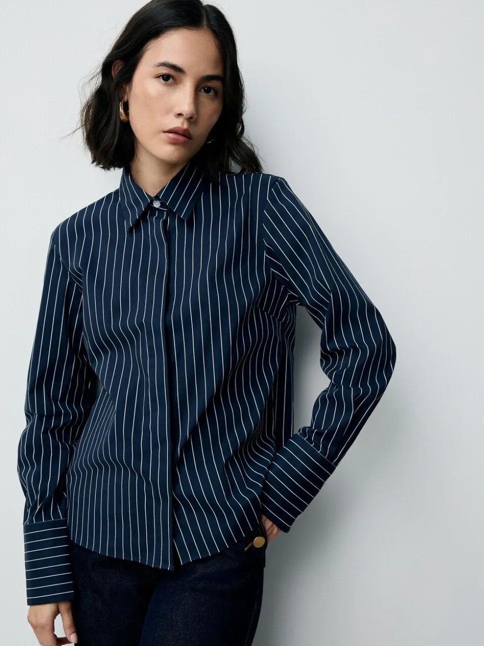 Marineblauw gestreept - Fitted Stretch Essential Long Sleeve Shirt