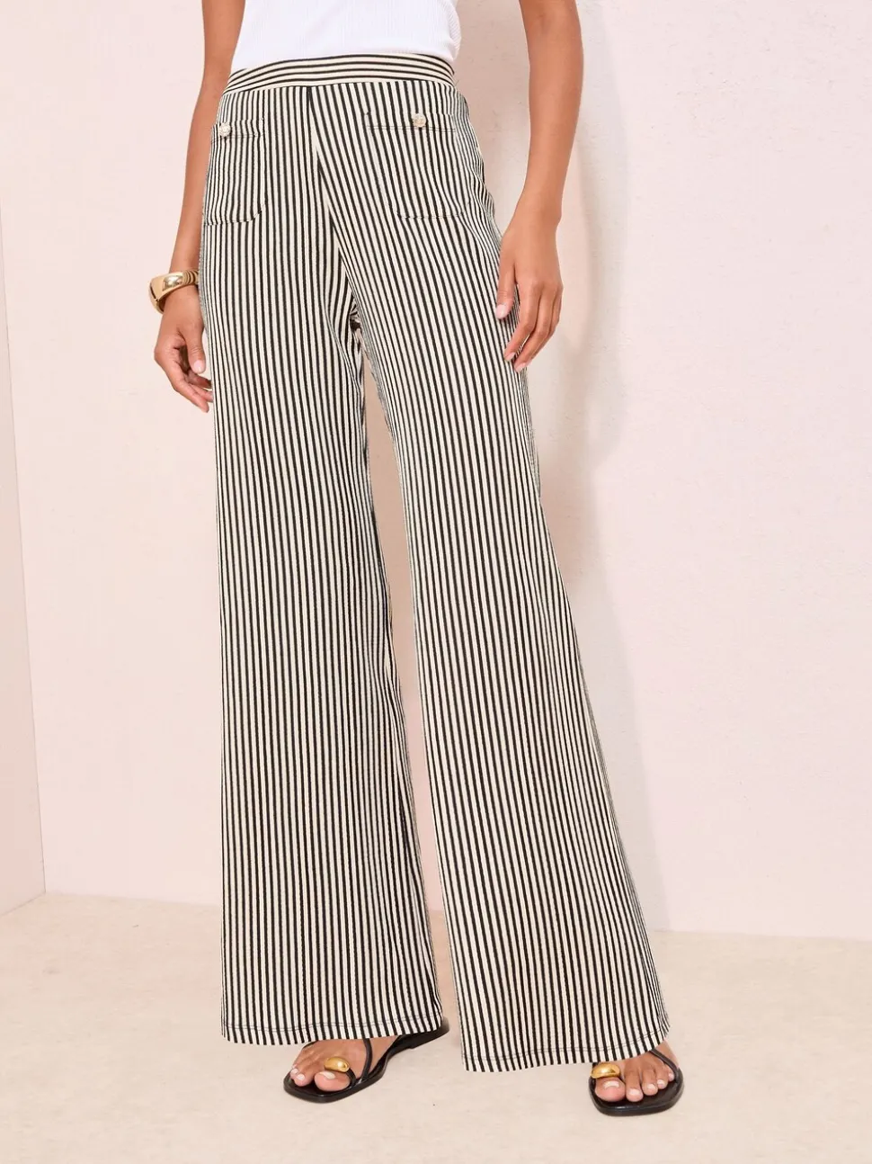 Marineblauw gestreept - Friends Like These - Jersey broek met wijde pijpen met kreukeffect