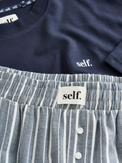 Marineblauw gestreept - self. Pyjama met korte mouwen