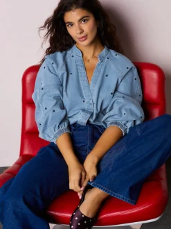 Marineblauw hart - Heart Embroidered V-Neck Puff Sleeve Denim Blouse