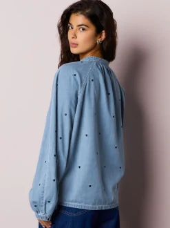 Marineblauw hart - Heart Embroidered V-Neck Puff Sleeve Denim Blouse