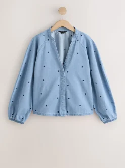 Marineblauw hart - Heart Embroidered V-Neck Puff Sleeve Denim Blouse