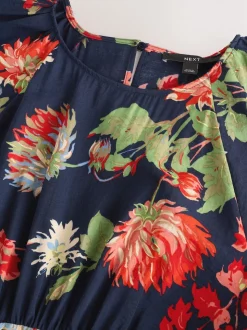 Marineblauw met bloemenprint - Midi-jurk met print en pofmouwen