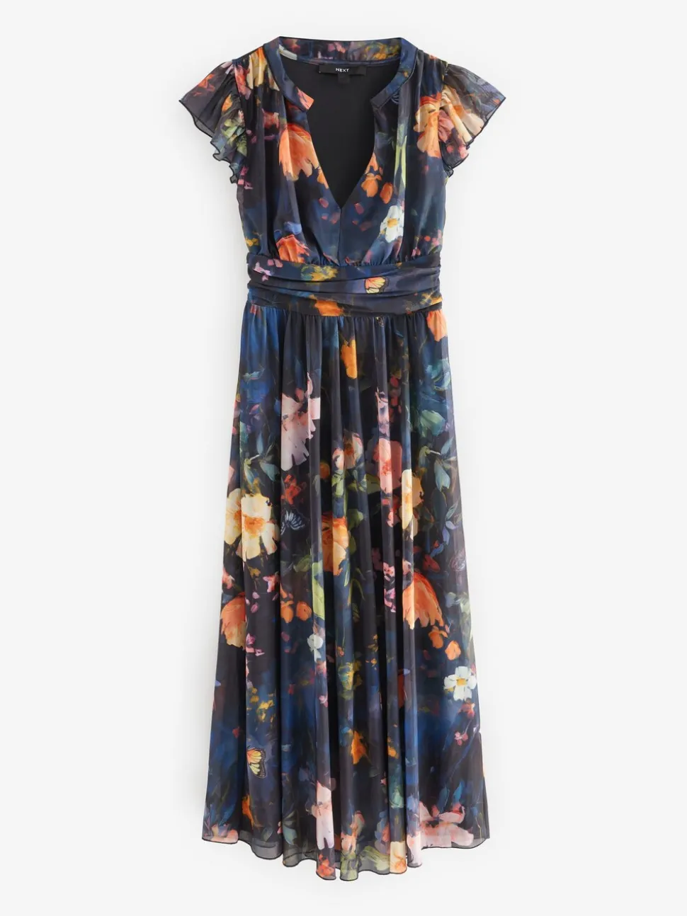 Marineblauw met bloemenprint - Halflange geplooide mesh gelegenheidsmaxi-jurk met print en V-hals