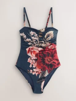 Marineblauw met bloemenprint - Vormgevend bandeaubadpak met buikcorrectie