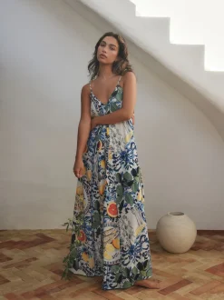 Marineblauw met bloemenprint - Fruit Print Volume Maxi Dress
