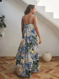 Marineblauw met bloemenprint - Fruit Print Volume Maxi Dress
