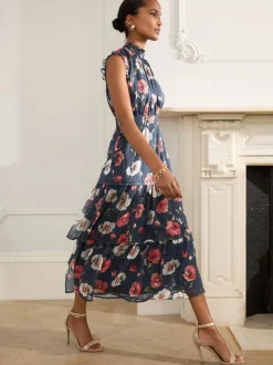 Marineblauw met bloemenprint - Gedrukte Maxi-jurk met hoge hals en tierlantijntjes