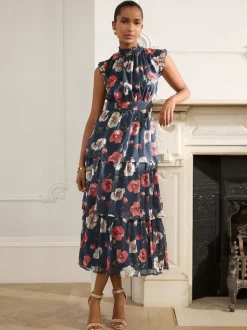 Marineblauw met bloemenprint - Gedrukte Maxi-jurk met hoge hals en tierlantijntjes