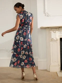 Marineblauw met bloemenprint - Gedrukte Maxi-jurk met hoge hals en tierlantijntjes