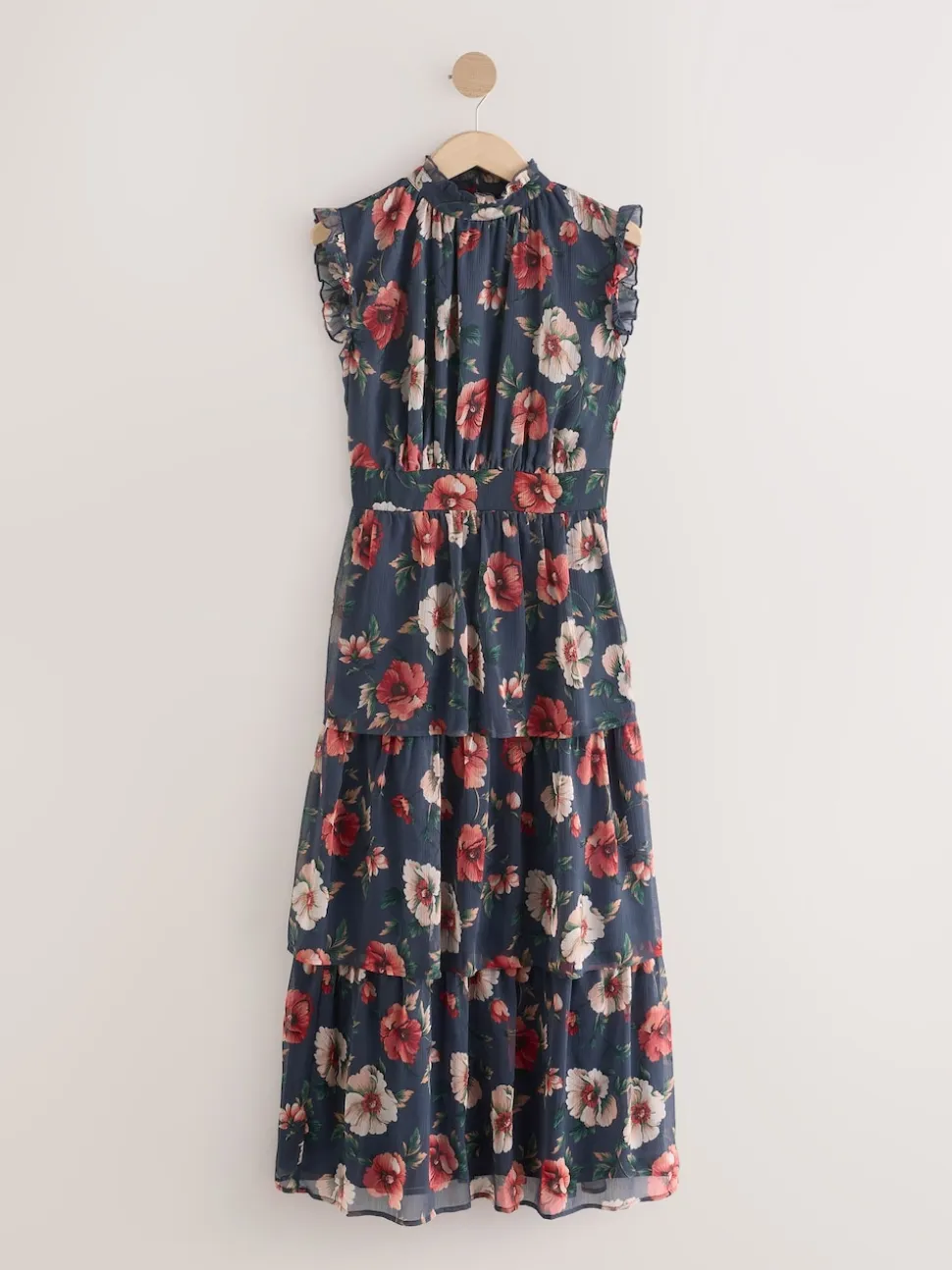 Marineblauw met bloemenprint - Gedrukte Maxi-jurk met hoge hals en tierlantijntjes