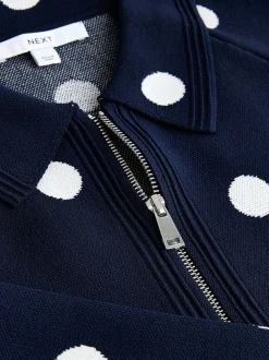Marineblauw met stippen - Smart Knit Collared Zip-Up Jacket