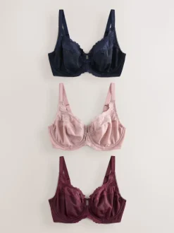 Marineblauw/bessenrood/roze - DD+ Beha's met volledige cups zonder vulling, set van 3 met kantversiering