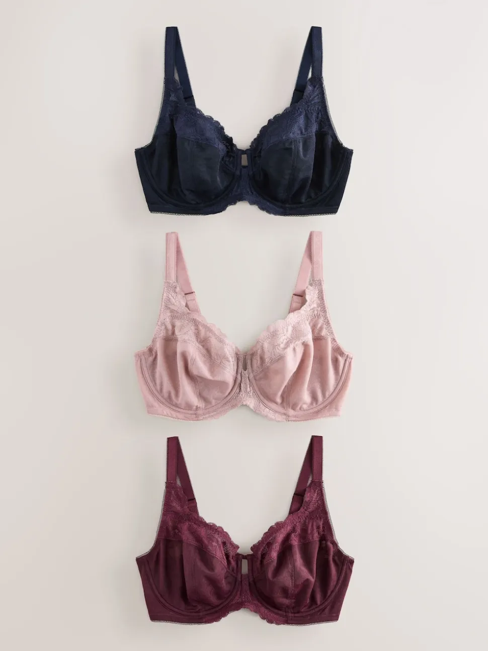 Marineblauw/bessenrood/roze - DD+ Beha's met volledige cups zonder vulling, set van 3 met kantversiering