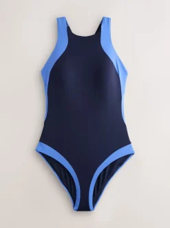 Marineblauw/blauw - Hoogsluitende halterbadpak met buikcorrectie