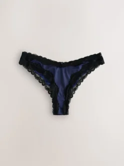 Marineblauw/Champagne - High Shine & Lace Trim Brazilian Knickers 2 Pack