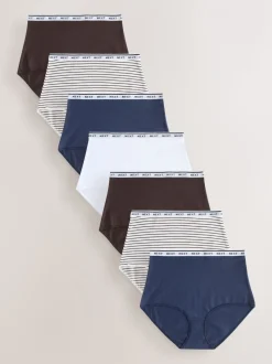 Marineblauw/chocoladebruin gestreept - 7 Katoenen slipjes met logotailleband