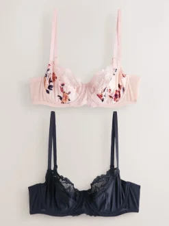Marineblauw/crème met bloemenprint - Niet opgevulde beha's met hele cup