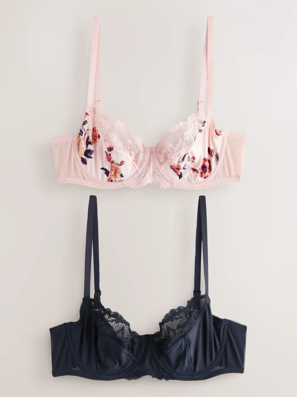 Marineblauw/crème met bloemenprint - Niet opgevulde beha's met hele cup