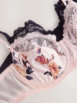 Marineblauw/crème met bloemenprint - Niet opgevulde beha's met hele cup