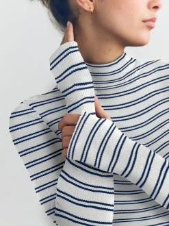 Marineblauw/crèmekleurig gestreept - Thermal Maximum Warmth Cosy Ribbed Roll Neck Top