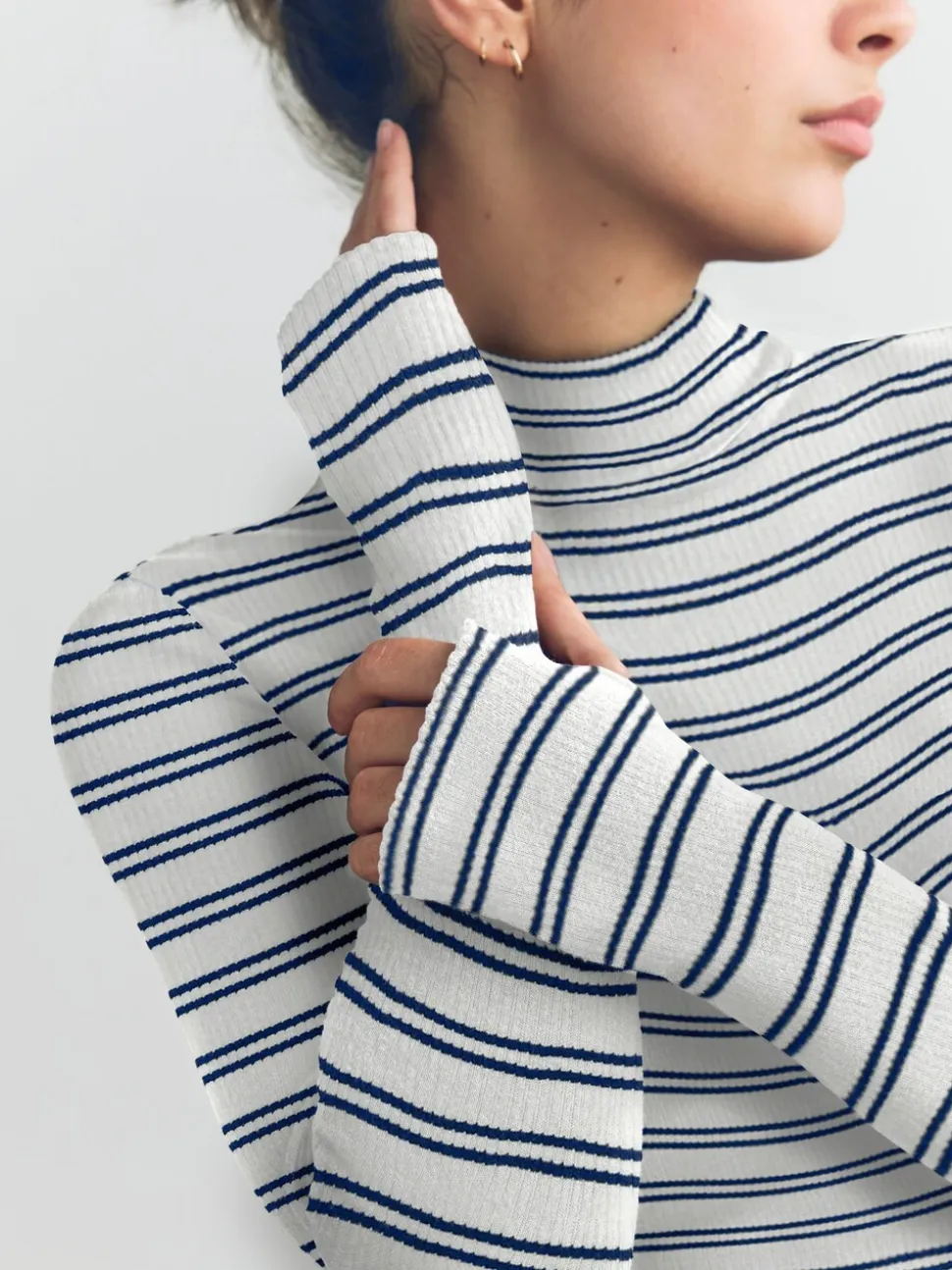 Marineblauw/crèmekleurig gestreept - Thermal Maximum Warmth Cosy Ribbed Roll Neck Top