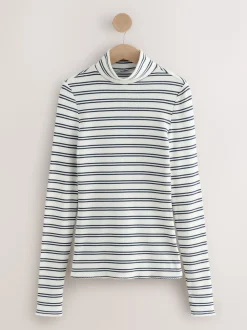 Marineblauw/crèmekleurig gestreept - Thermal Maximum Warmth Cosy Ribbed Roll Neck Top