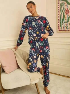 Marineblauwe print - Love & Roses Jersey Long Sleeve Pyjamas Set