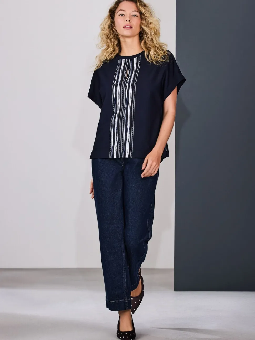 Marineblauw/ecru gestreept - Short Sleeve Keyhole Crew Neck Top