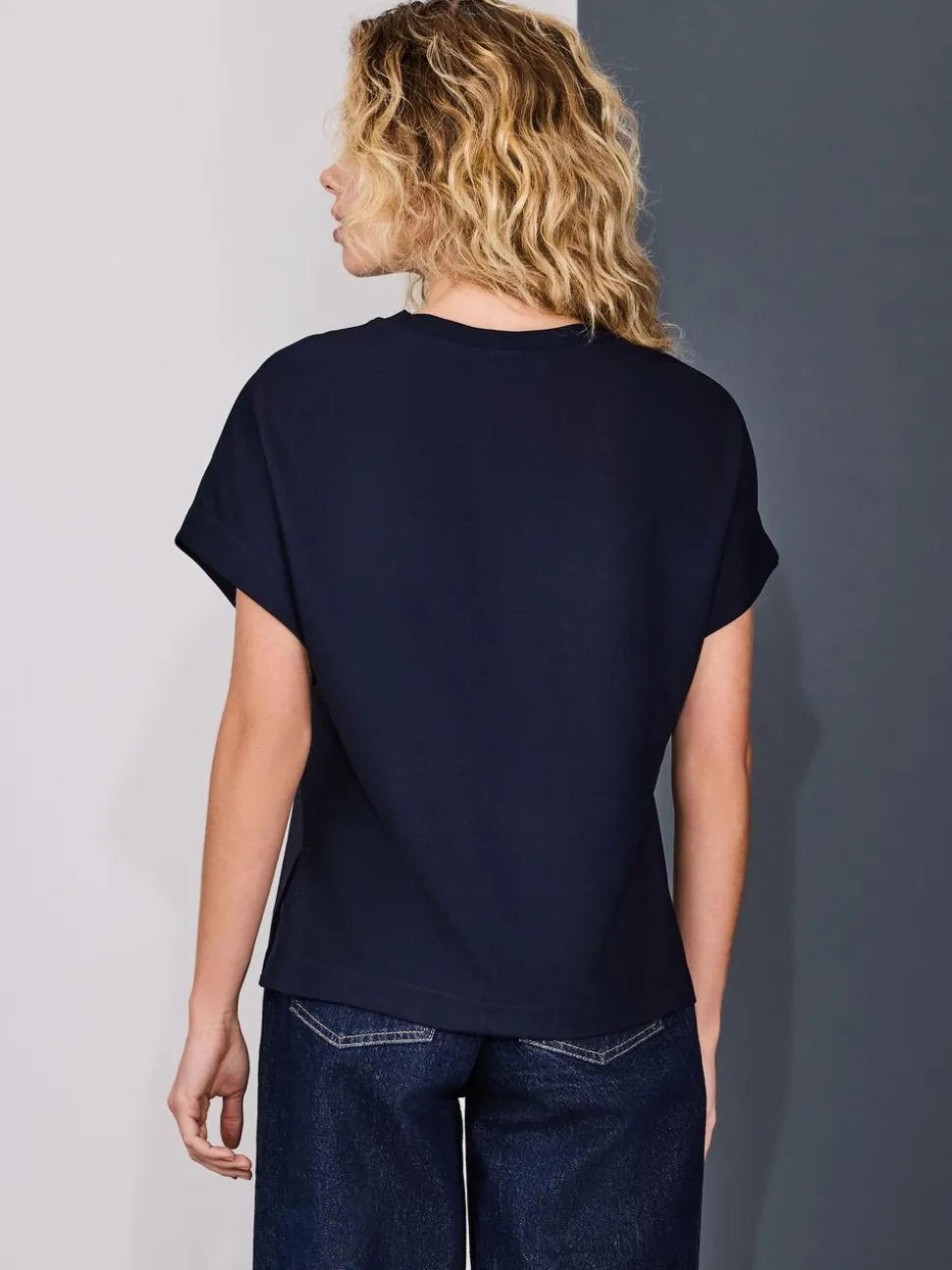 Marineblauw/ecru gestreept - Short Sleeve Keyhole Crew Neck Top