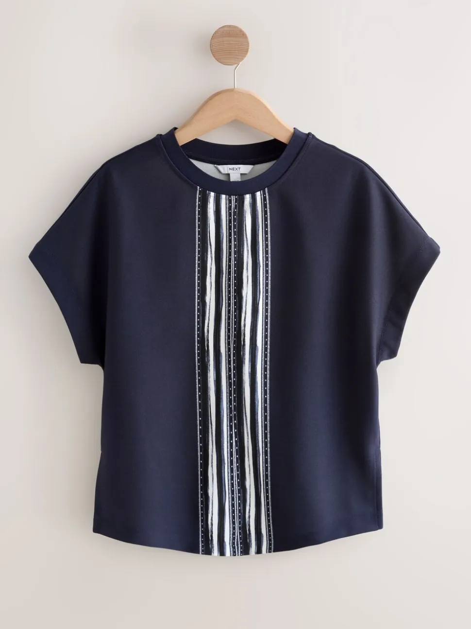 Marineblauw/ecru gestreept - Short Sleeve Keyhole Crew Neck Top