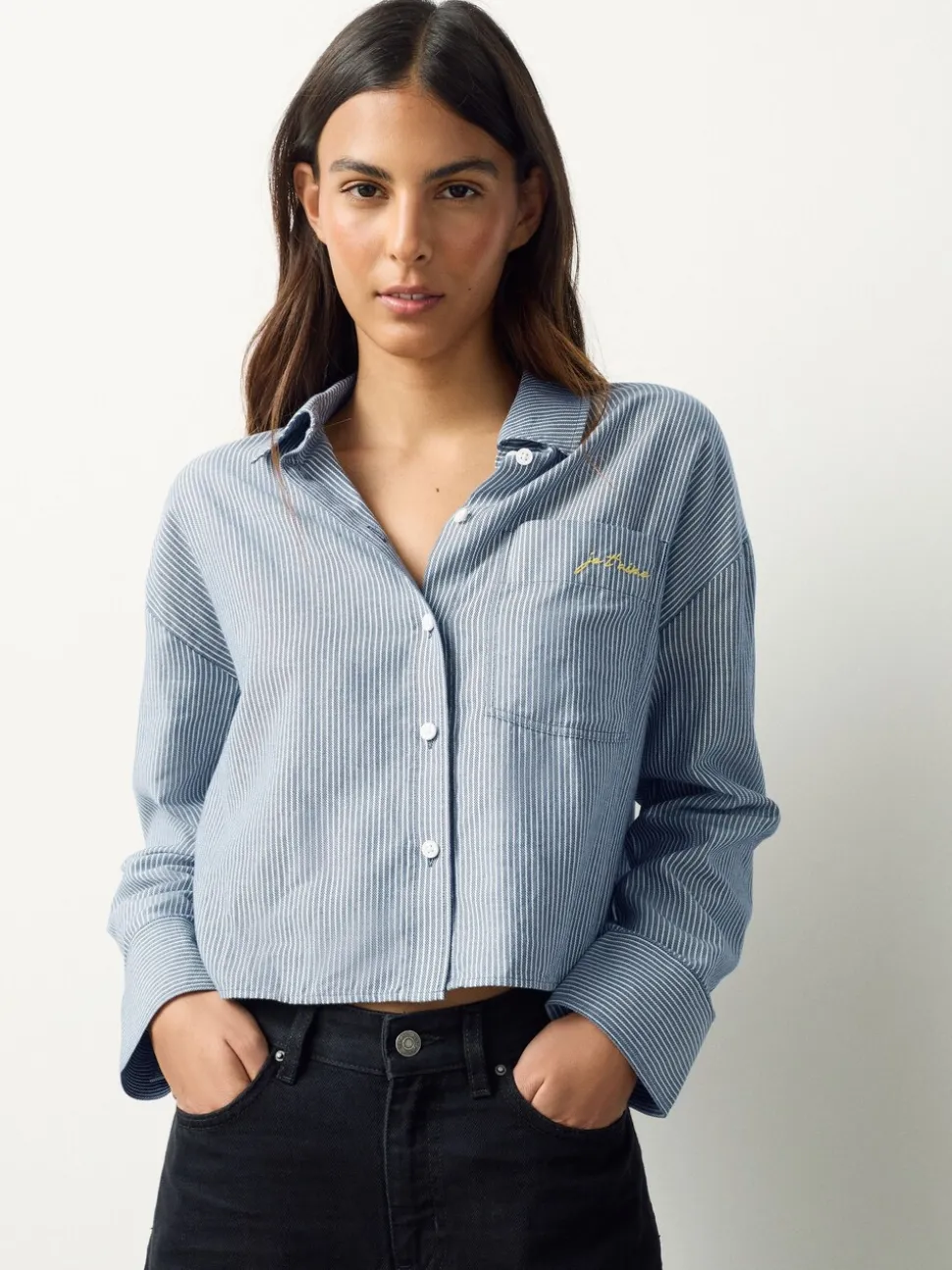 Marineblauwe/witte strepen - Casual Long Sleeve Cropped Shirt with Pocket Embroidery