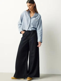 Marineblauwe/witte strepen - Casual Long Sleeve Cropped Shirt with Pocket Embroidery