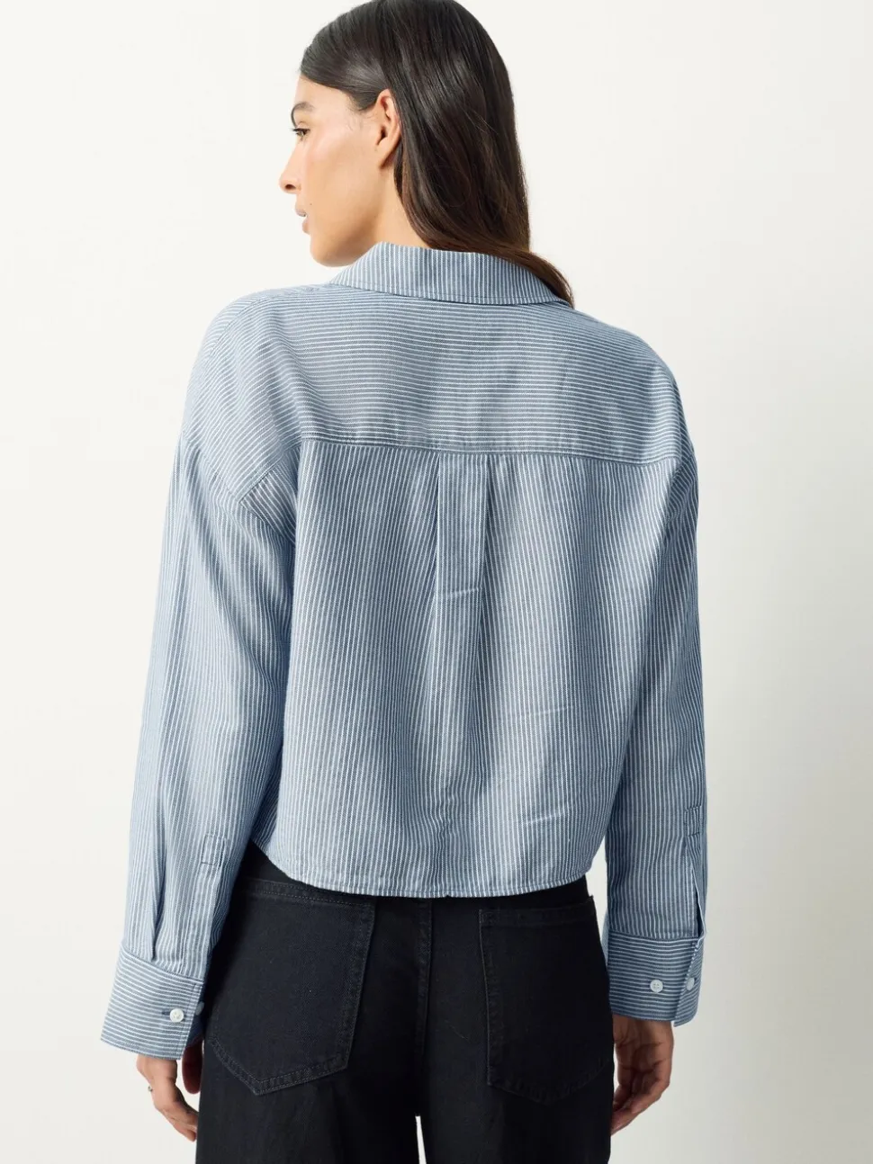 Marineblauwe/witte strepen - Casual Long Sleeve Cropped Shirt with Pocket Embroidery