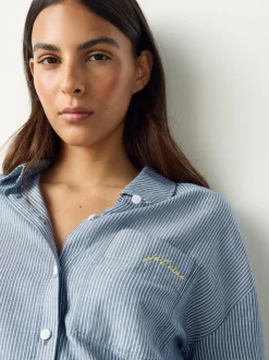 Marineblauwe/witte strepen - Casual Long Sleeve Cropped Shirt with Pocket Embroidery