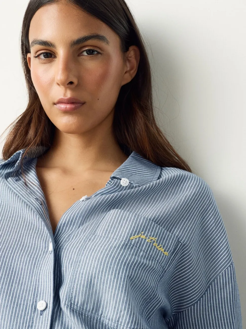 Marineblauwe/witte strepen - Casual Long Sleeve Cropped Shirt with Pocket Embroidery
