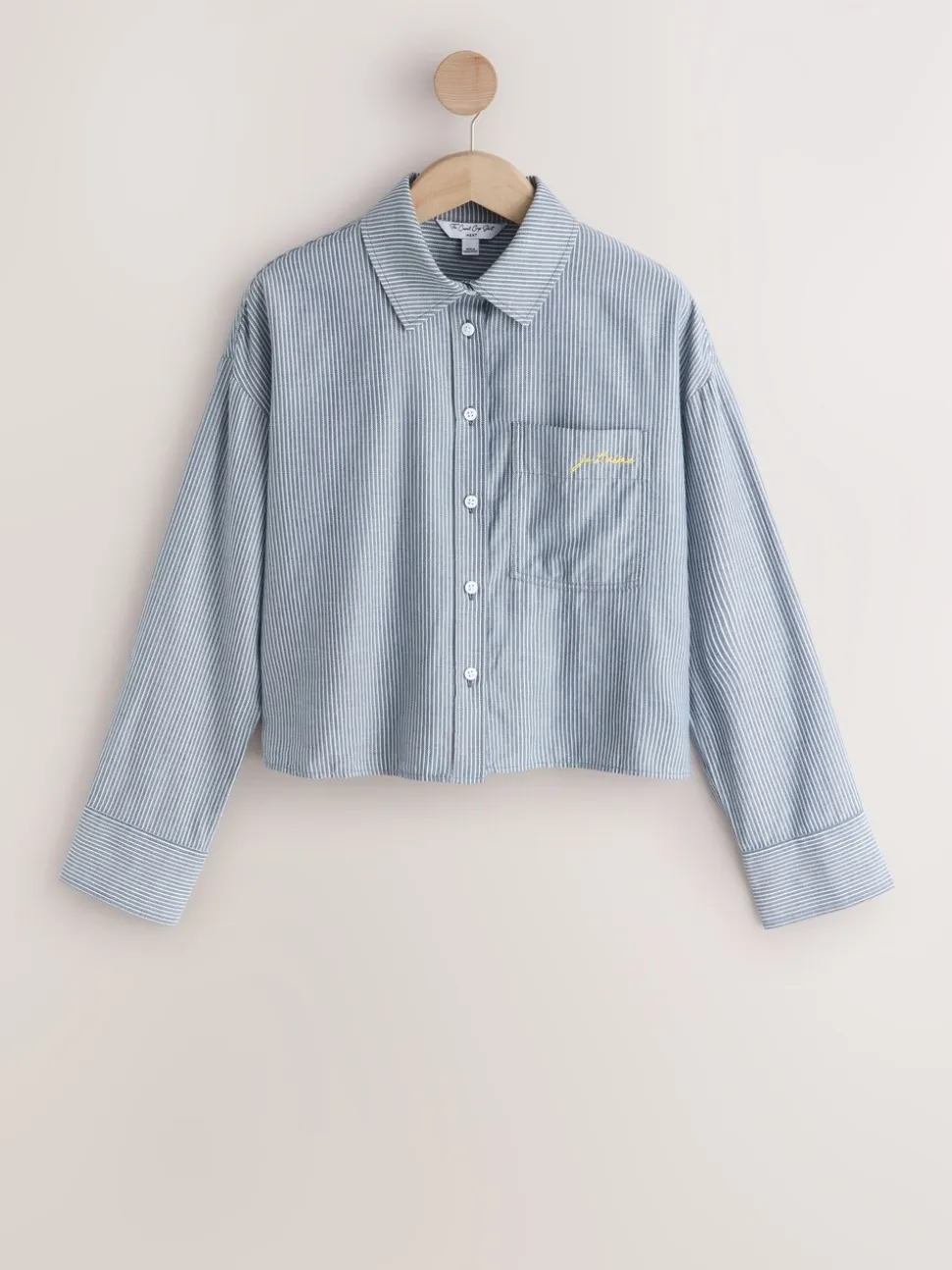 Marineblauwe/witte strepen - Casual Long Sleeve Cropped Shirt with Pocket Embroidery