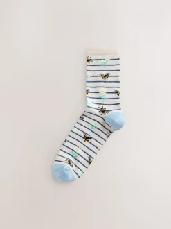 Marineblauw/okergeel met bij - Set van 4 paar enkelsokken