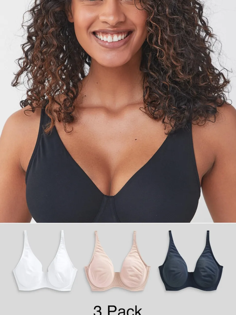 Marineblauw/roze/wit - DD+ ultiem comfort beha's van katoenmix verpakking van 3
