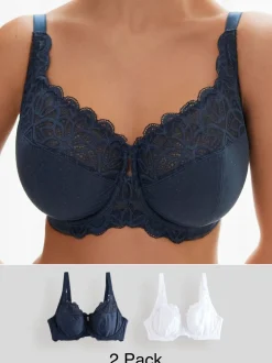 Marineblauw/wit - DD+ Niet-gewatteerde Volle Cup Modal & Kanten Beha's 2 Set